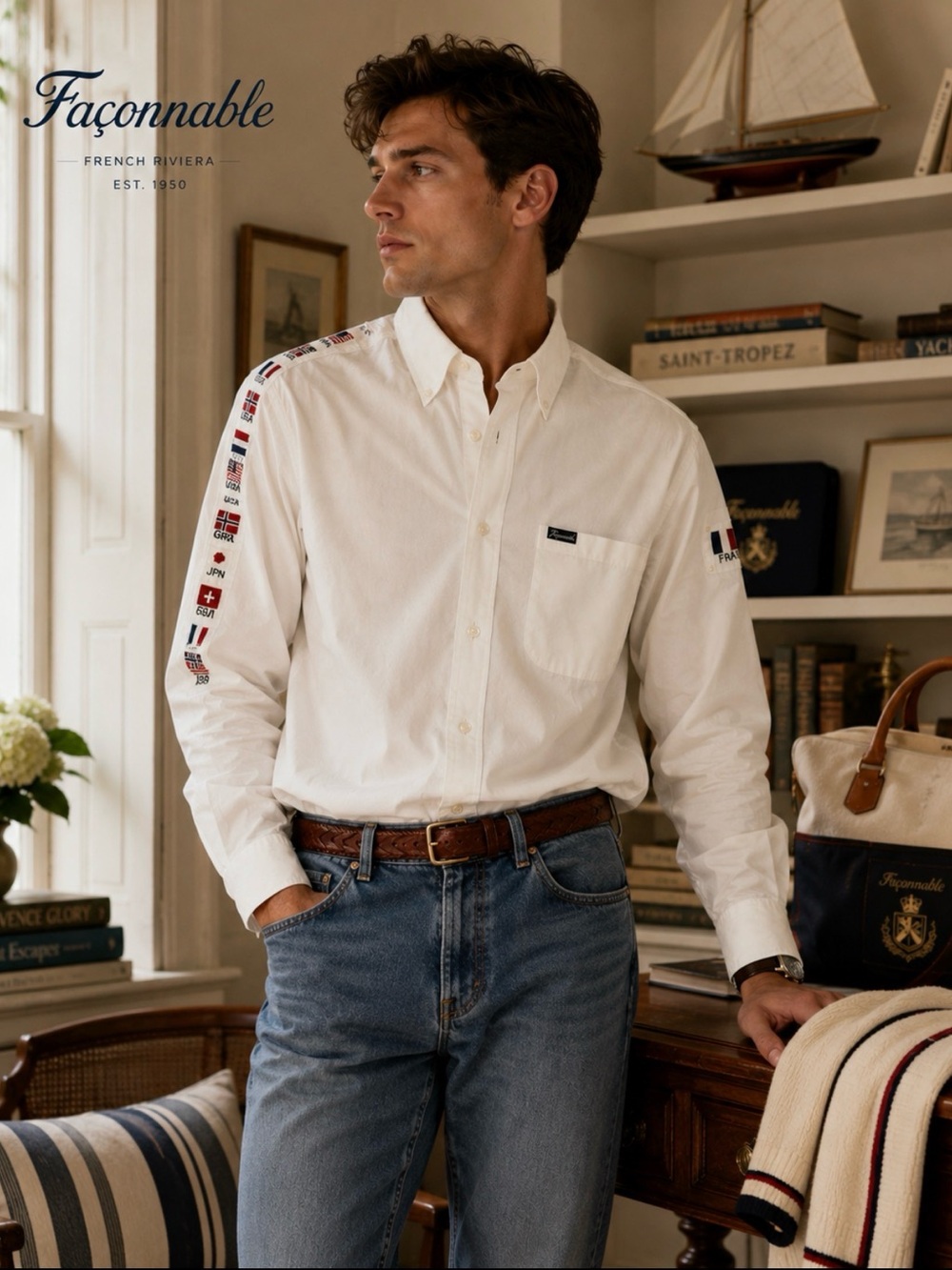 Façonnae Vintage Flag Embroidered Button Down Yachting Shirt - Size Small